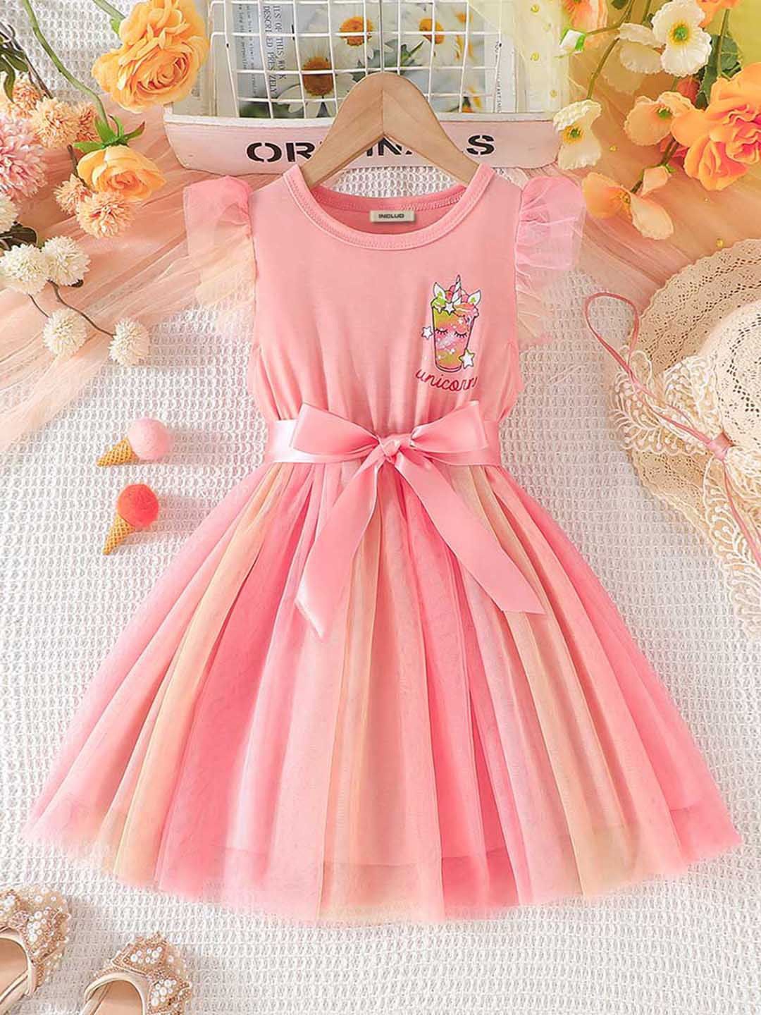 

INCLUD Girls Flutter Sleeve Fit & Flare Dress, Pink