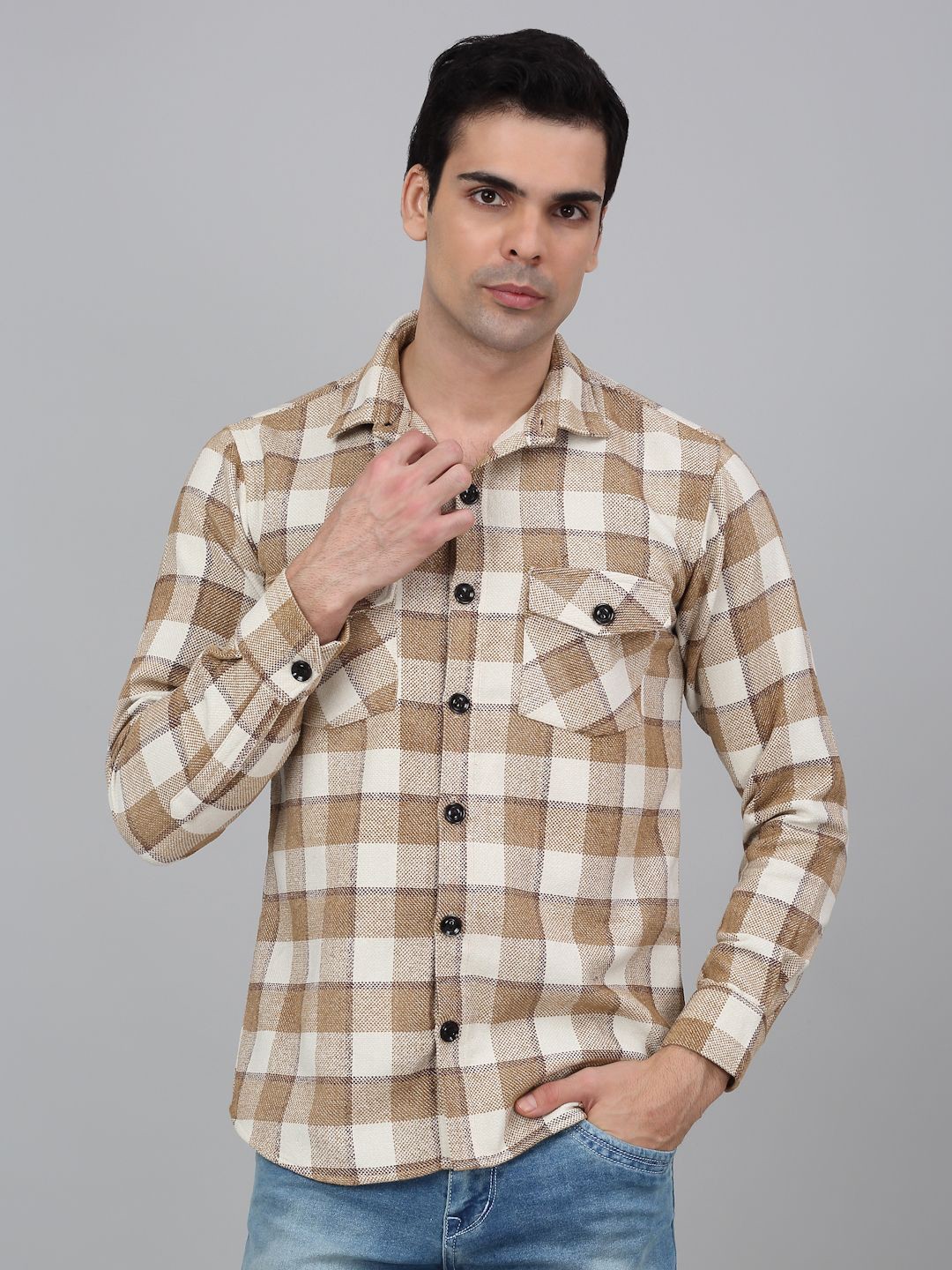 

KLOTTHE Checked Spread Collar Woolen Casual Shirt, Beige