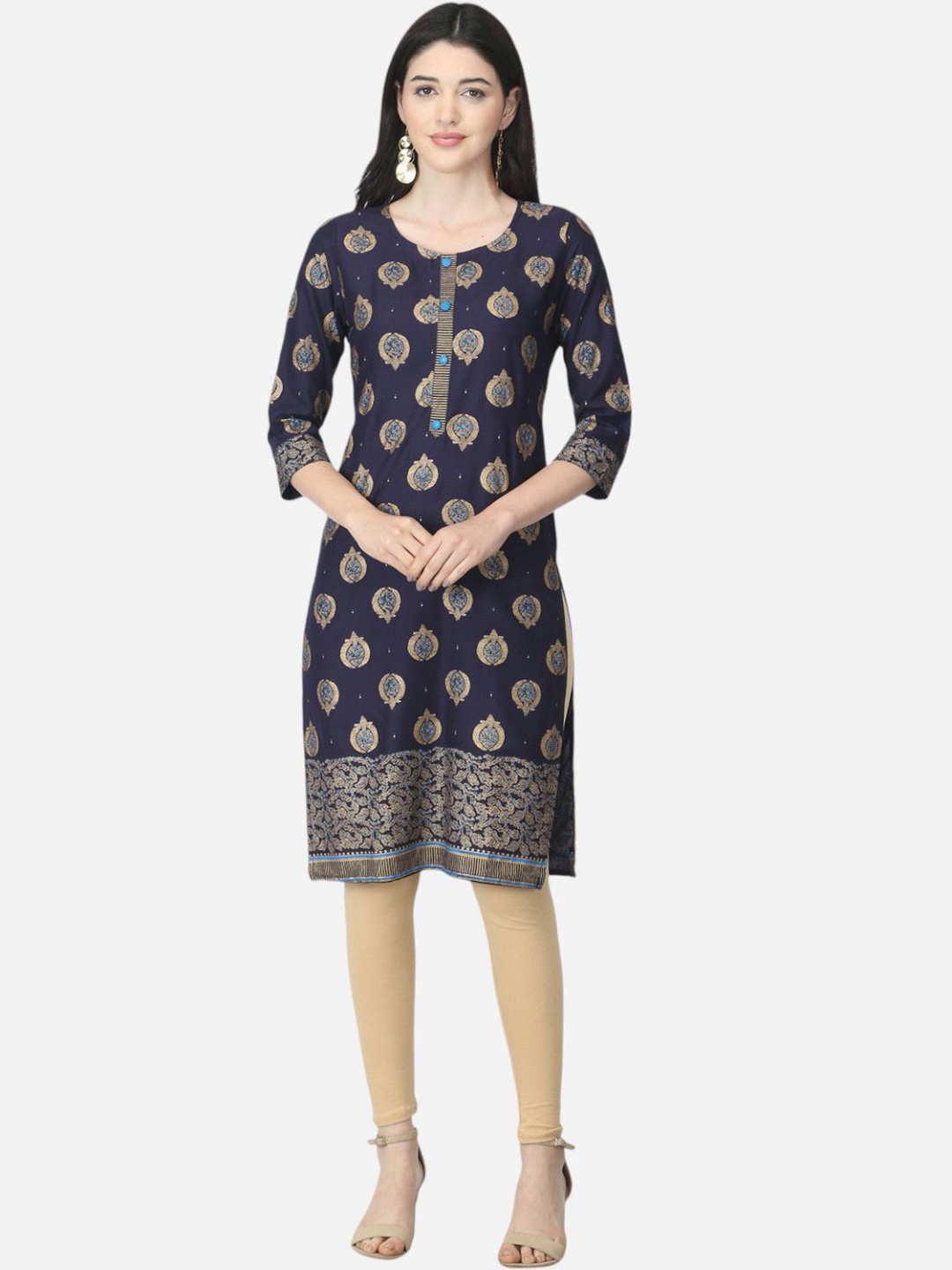 

Biyu Floral Printed Straight Kurta, Navy blue