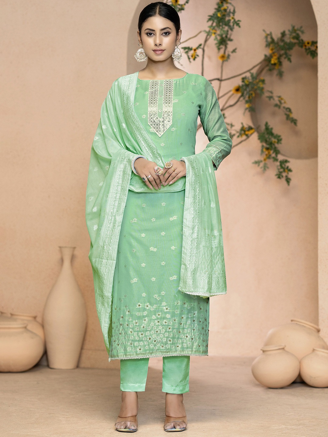 

Maroosh Floral Embellished Unstitched Dress Material, Green