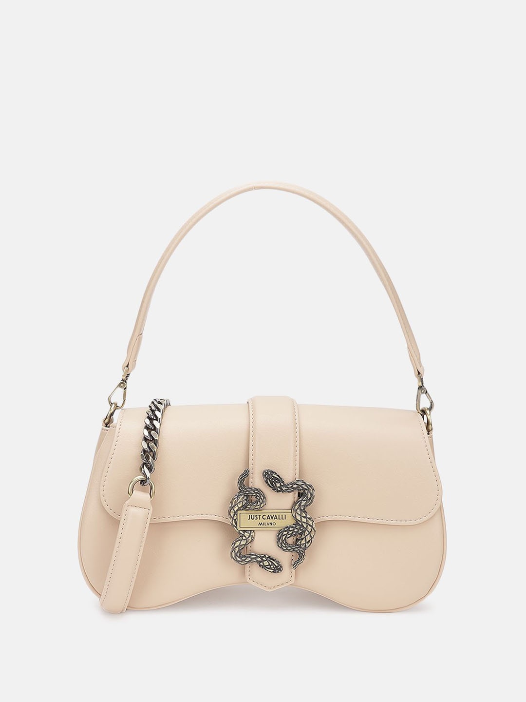 

Just Cavalli Women Solid Structured Satchel Bag, Beige