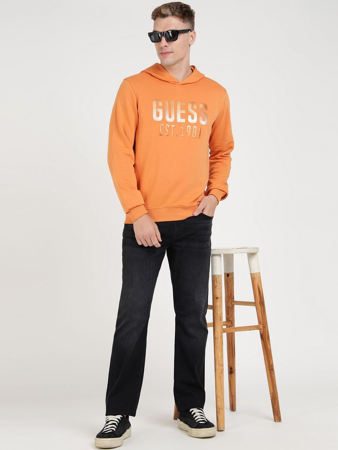 

GUESS Men Cotton Typography Printed Hooded Sweatshirt, Orange
