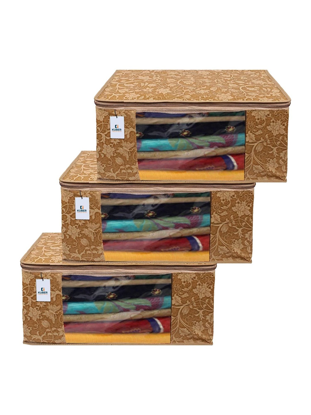 

Kuber Industries Beige 3 Pieces Floral Printed Drawer Organiser