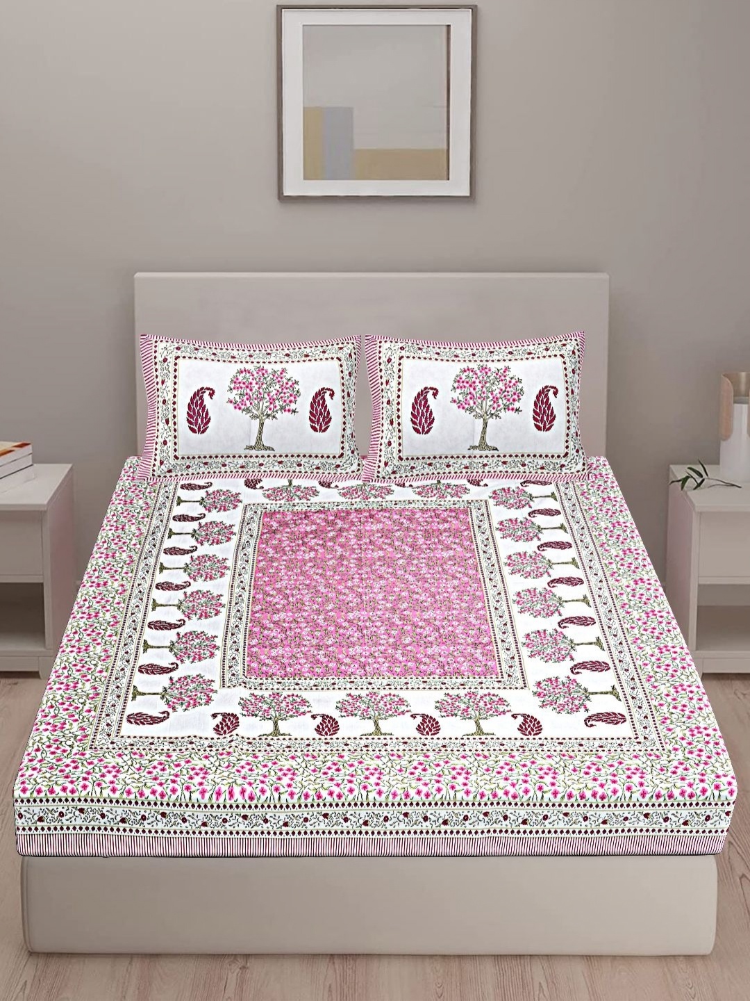 

VANI E Pink & White Floral 180 TC Cotton King Bedsheet Set-2.54 m x 2.74 m