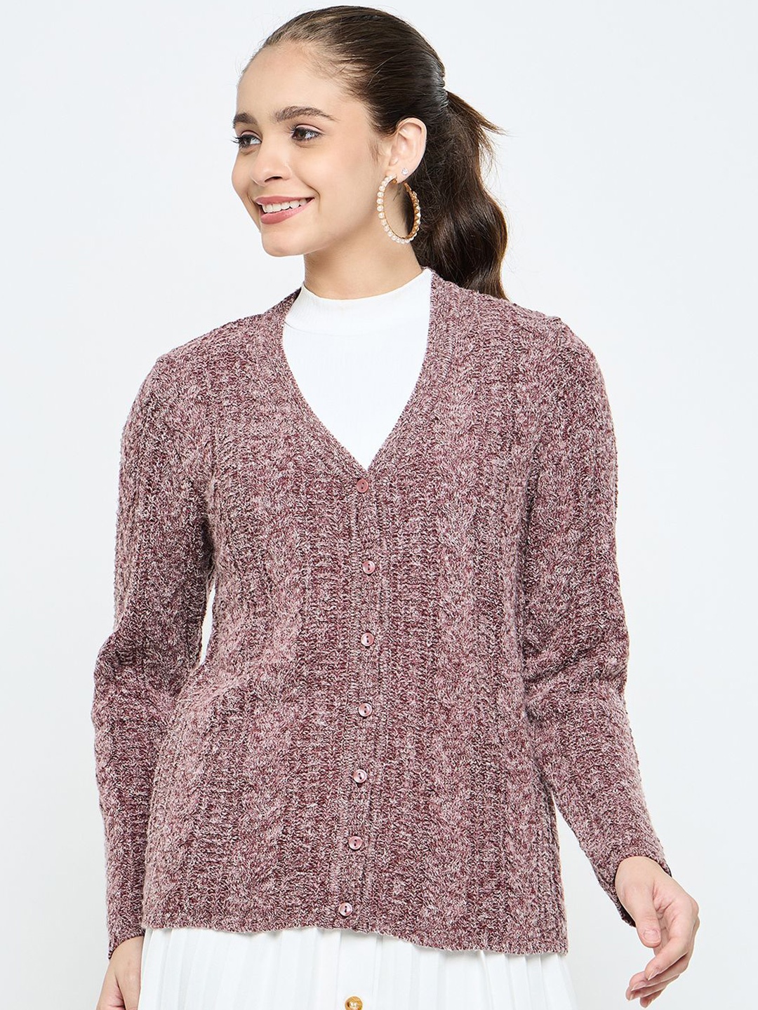 

CREATIVE LINE Women Woollen Long Sleeves V-Neck Cardigan Sweaters, Brown