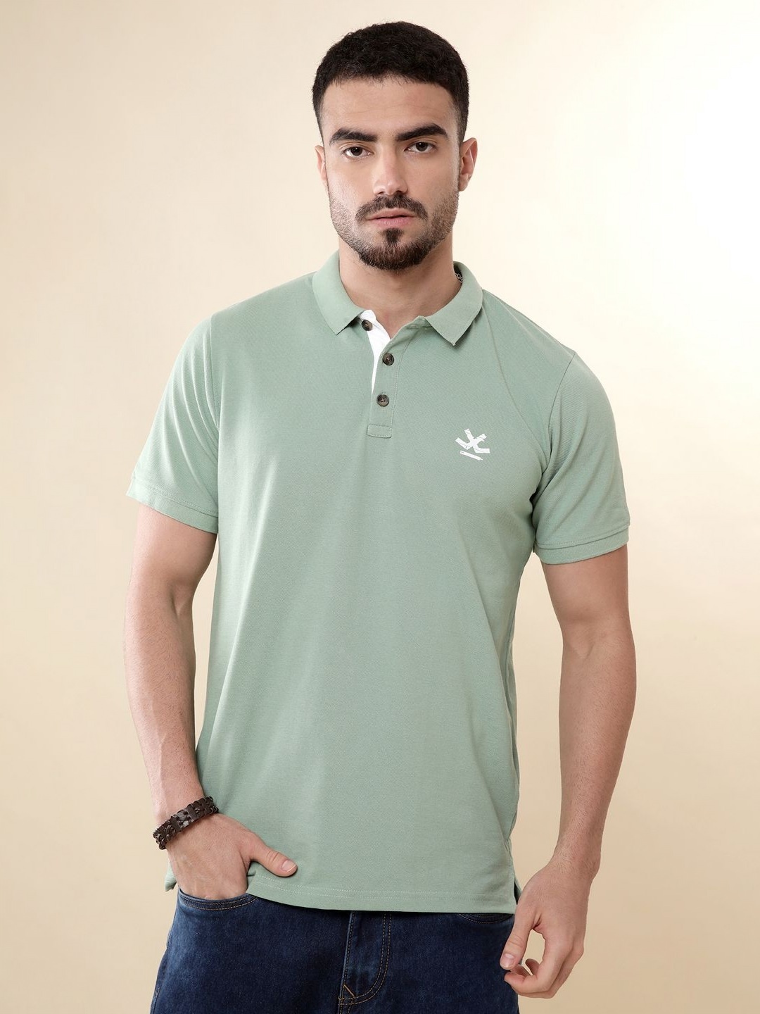

WROGN Men Solid Polo Collar Cotton T-shirt, Green