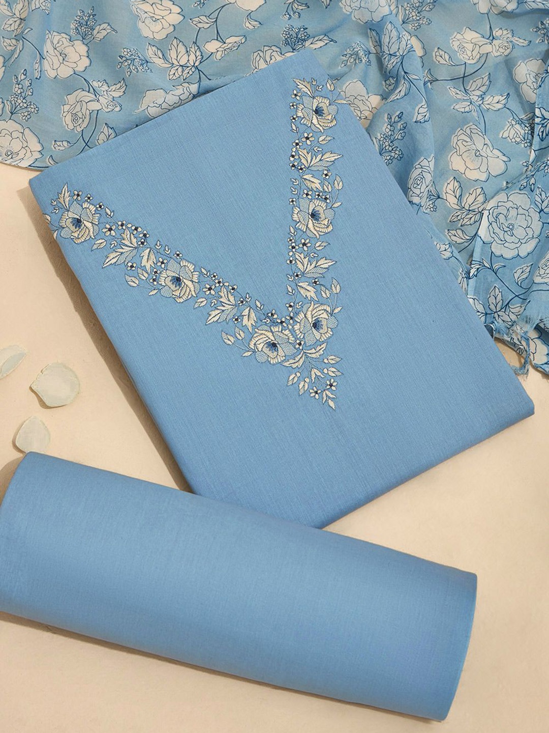 

Taneira Floral Embroidered Pure Cotton Unstitched Dress Material, Blue