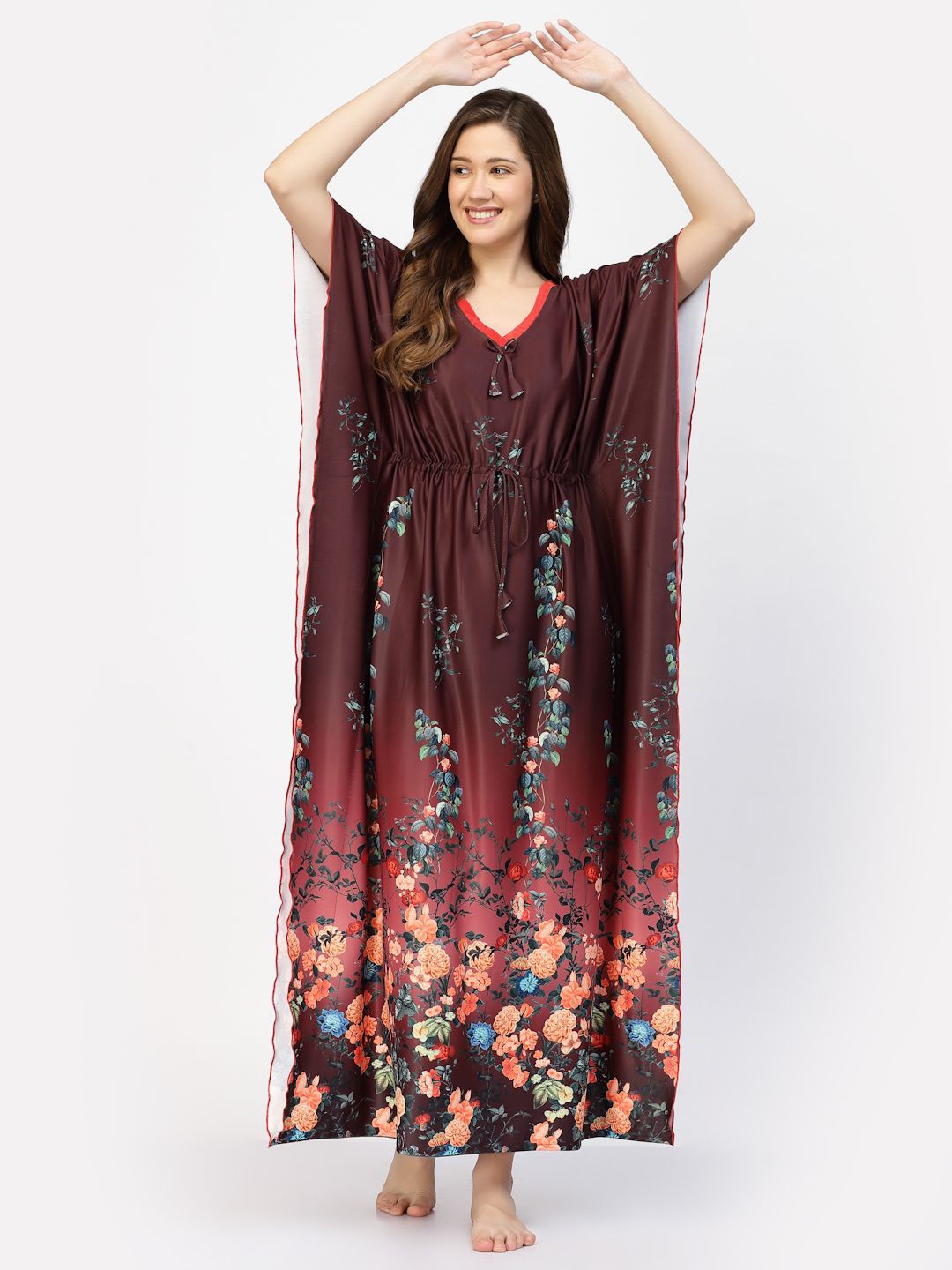 

CHUI MUI Floral Printed Maxi Kaftan Nightdress, Coffee brown