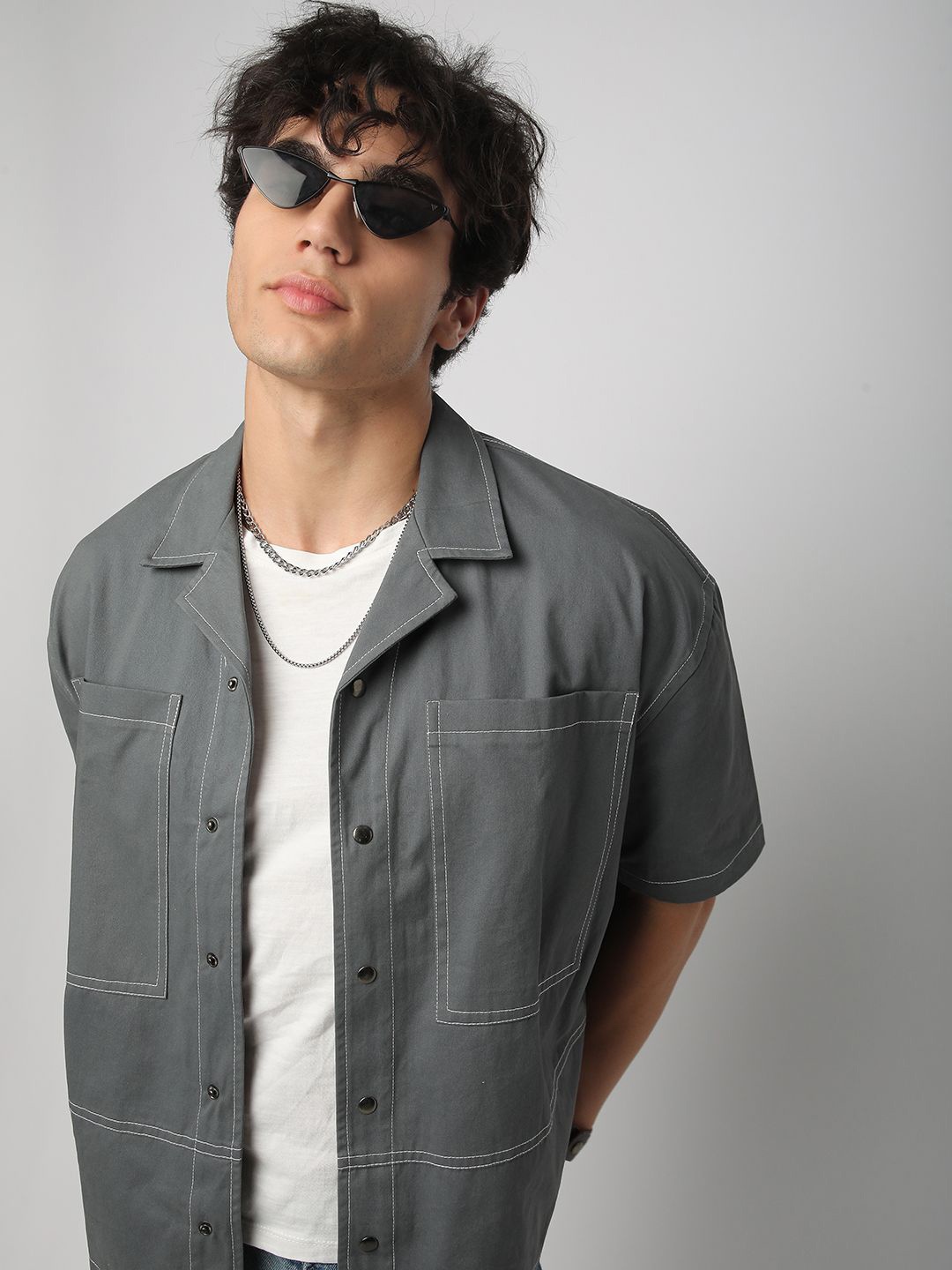 

VASTRADO Men Classic Cuban Collar Solid Cotton Oversized Casual Shirt, Grey