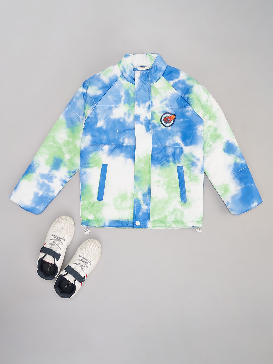 

Pantaloons Junior Boys Mock Collar Tie and Dye Self Design Casual Bomber Jacket, White