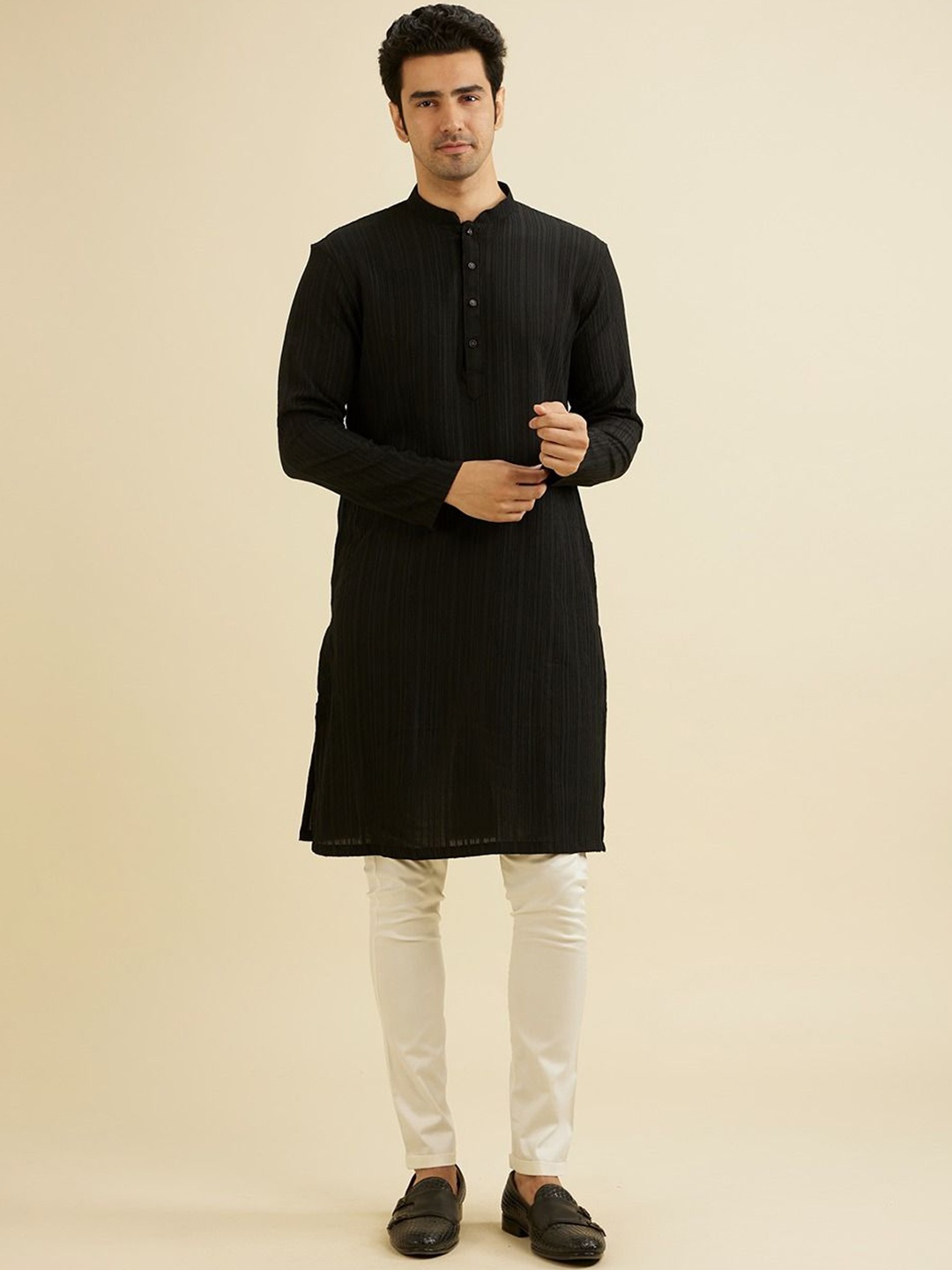 

Manyavar Striped Thread Work Mandarin Collar Straight Kurta, Black