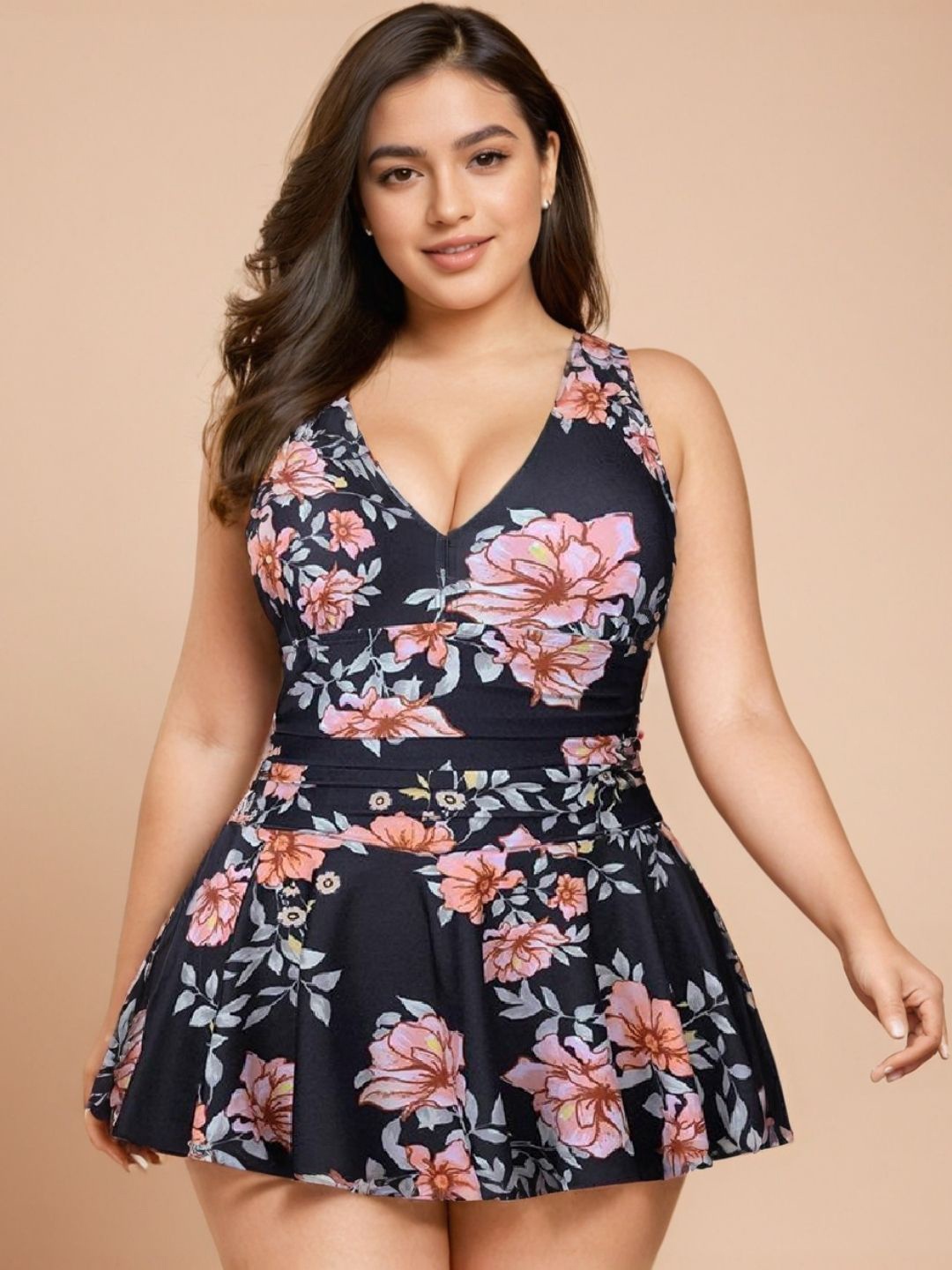 

WomanLikeU Women Floral Printed V-Neck Plus Size Swimming Dress, Black