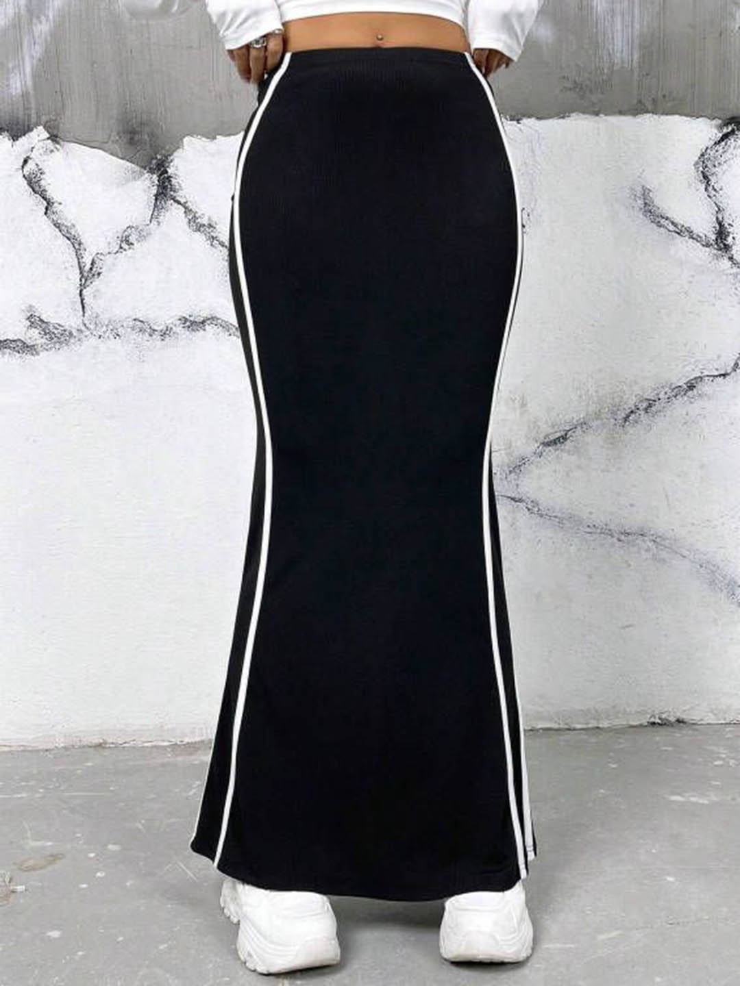

HERE&NOW Women Double Striped Maxi Skirt, Black