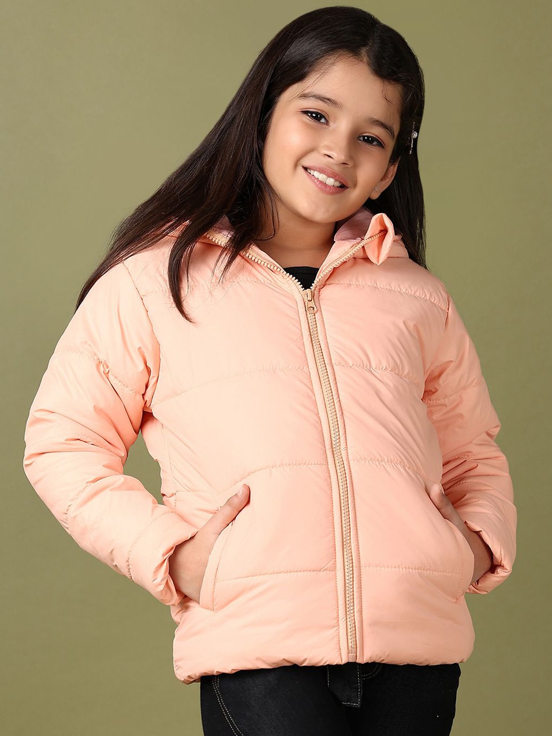 

V-Mart Girls Hooded Solid Cotton Casual Puffer Jacket, Peach