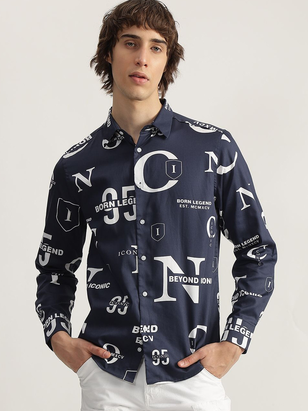 

Iconic Men Spread Collar Typography Printed Cotton Casual Shirt, Navy blue