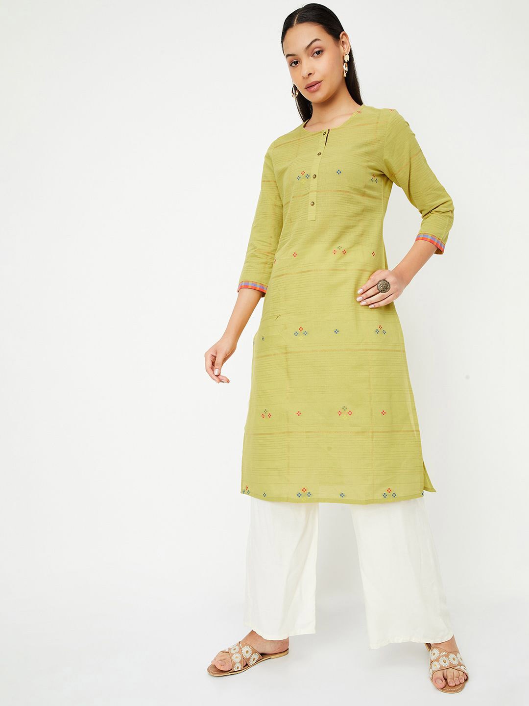 

max Ethnic Motifs Woven Design Round Neck Cotton Straight Kurta, Green