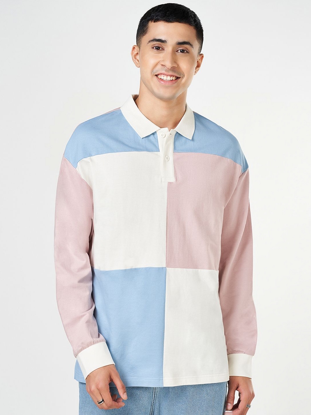 

People Men Colourblocked Polo Collar Cotton Relaxed Fit T-shirt, Pink