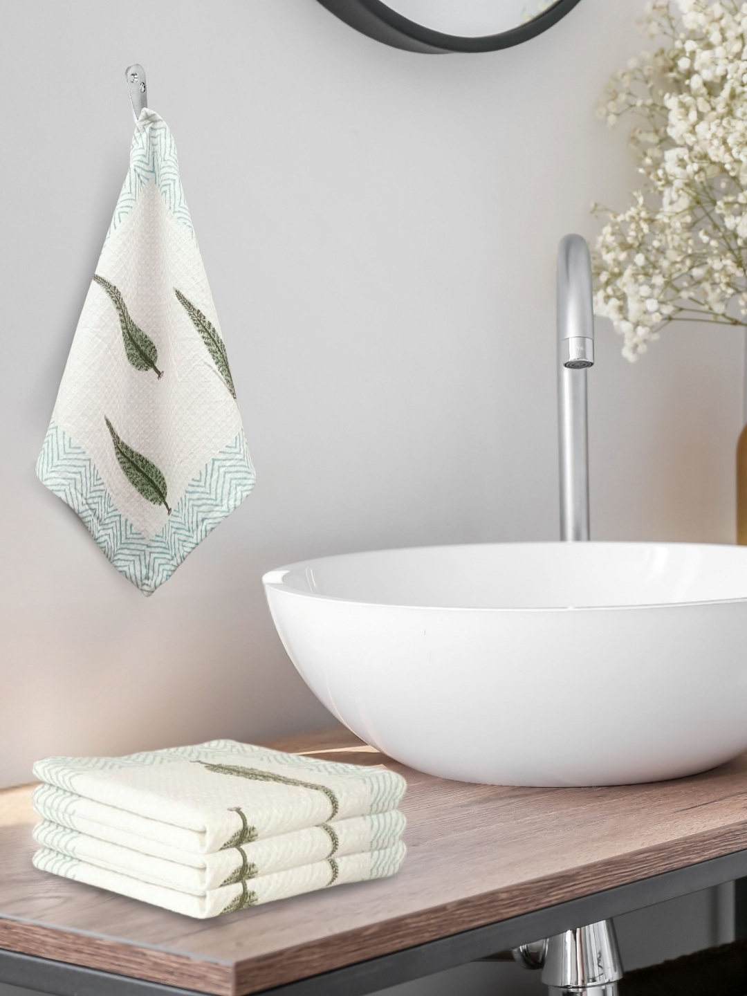 

LIVING ROOTS White 4 Pieces Block Print Waffle Cotton 210 GSM Soft & Absorbent Hand Towels