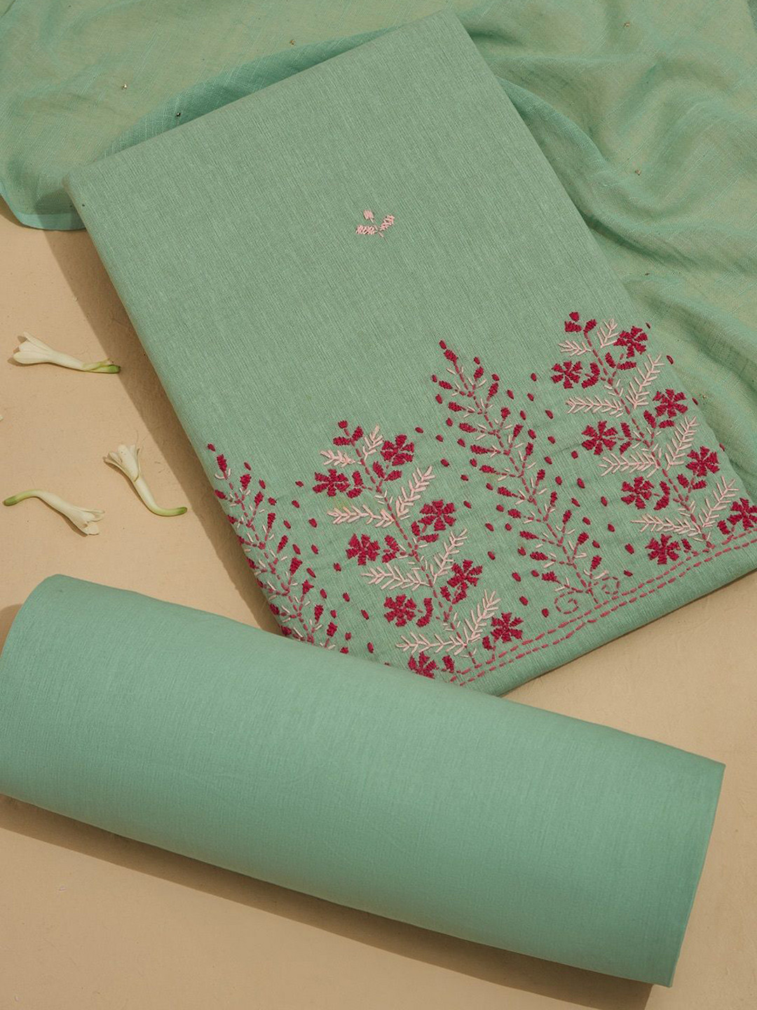 

Taneira Floral Embroidered Pure Cotton Unstitched Dress Material, Green