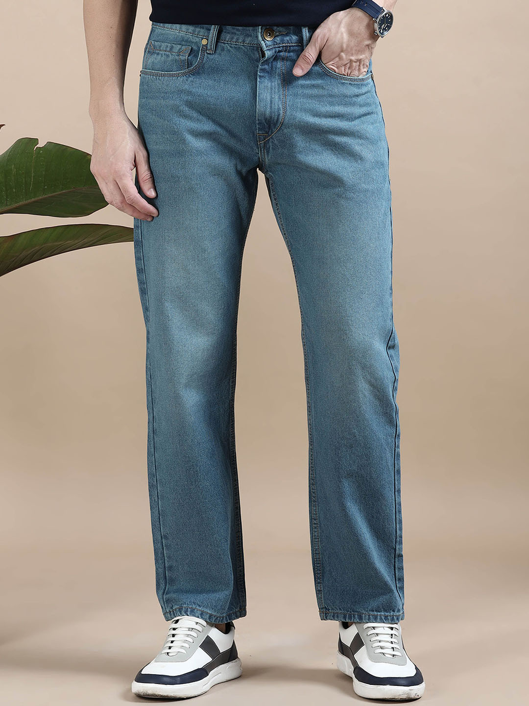 

Mast & Harbour Men Cotton Mid-Rise Comfort Relaxed Fit Jeans, Blue