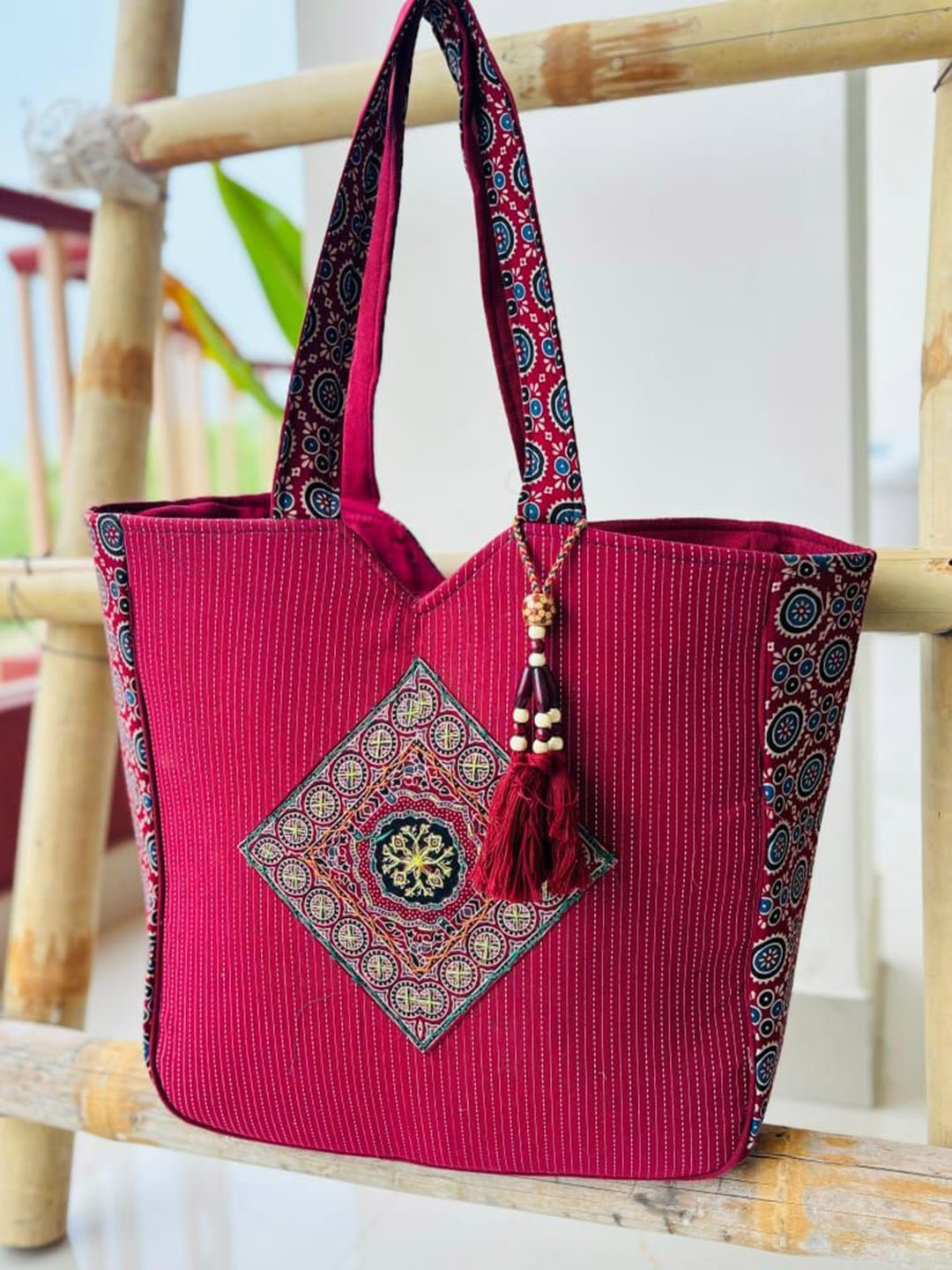 

SWITCHON Women Ethnic Motifs Printed Structured Cotton Tote Bag, Red