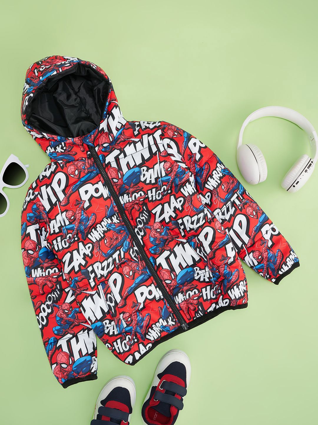 

Pantaloons Junior Boys Hooded Graphic Printed Casual Bomber Jacket, Red