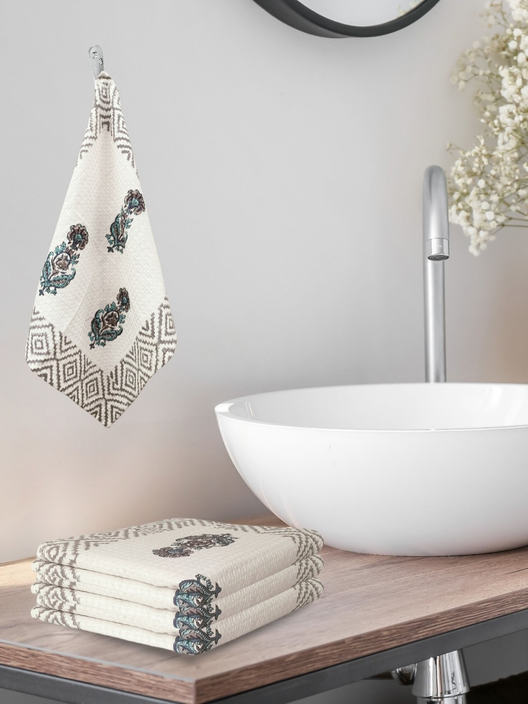 

LIVING ROOTS Blue 4 Pieces Block Print Waffle Cotton 210 GSM Soft & Absorbent Hand Towels