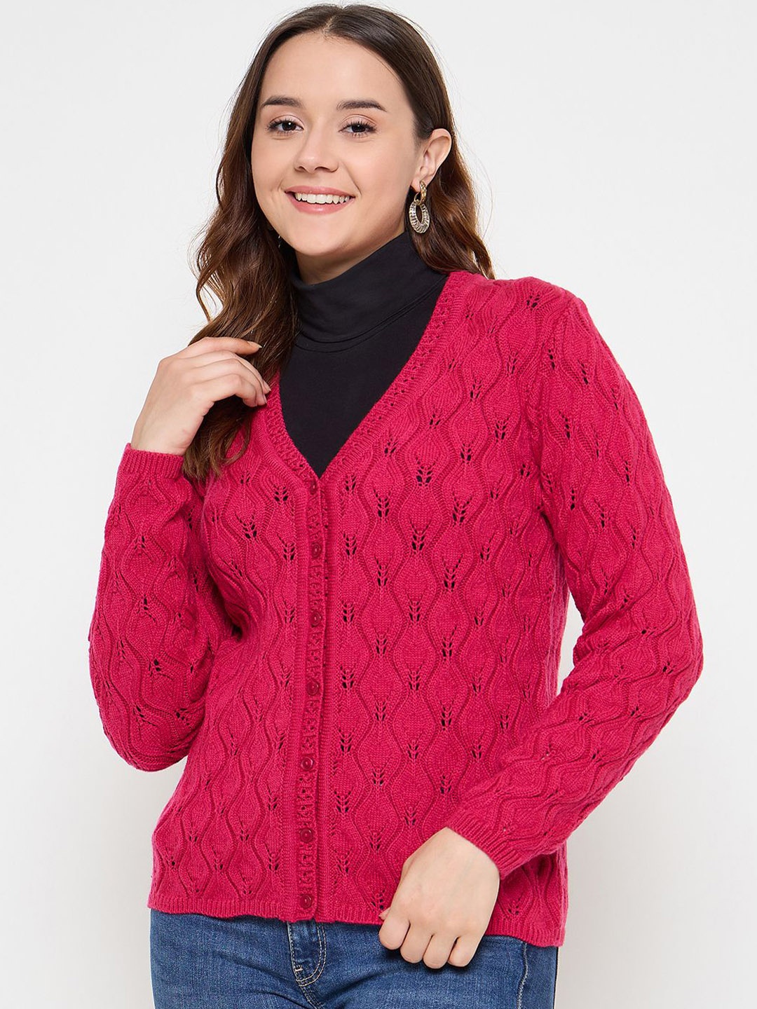 

CREATIVE LINE Women Self Desgin Cable Knit Cardigan, Pink