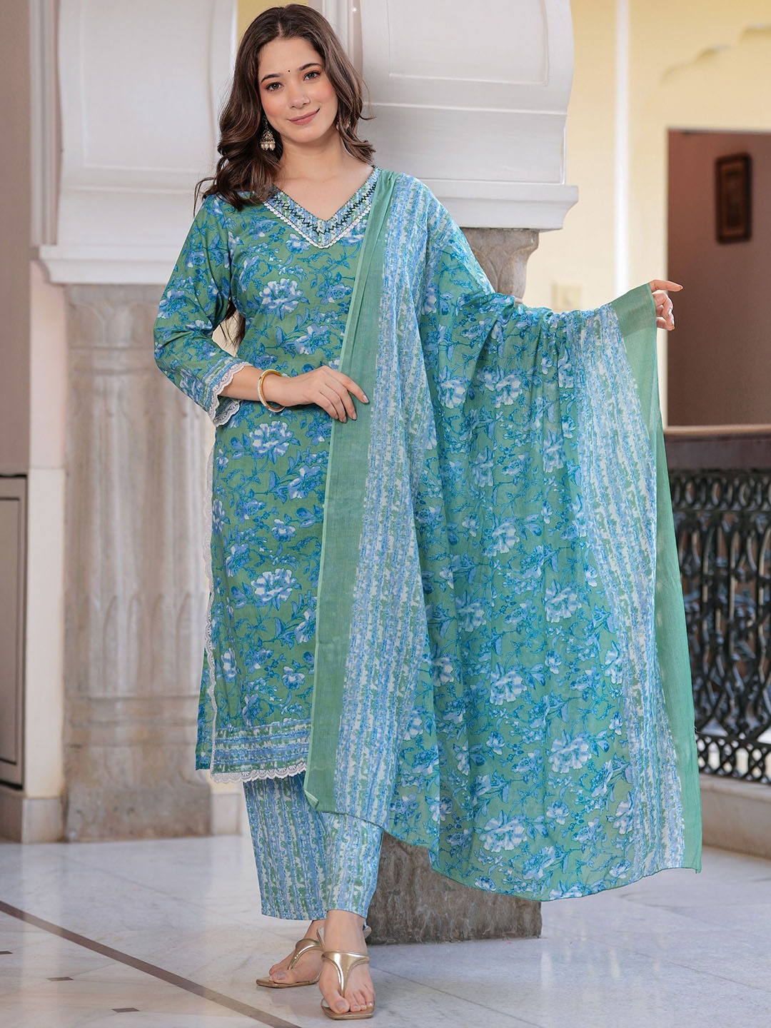 

EKAKRITI V-Neck Floral Printed Straight Kurta with Trouser & Dupatta, Green