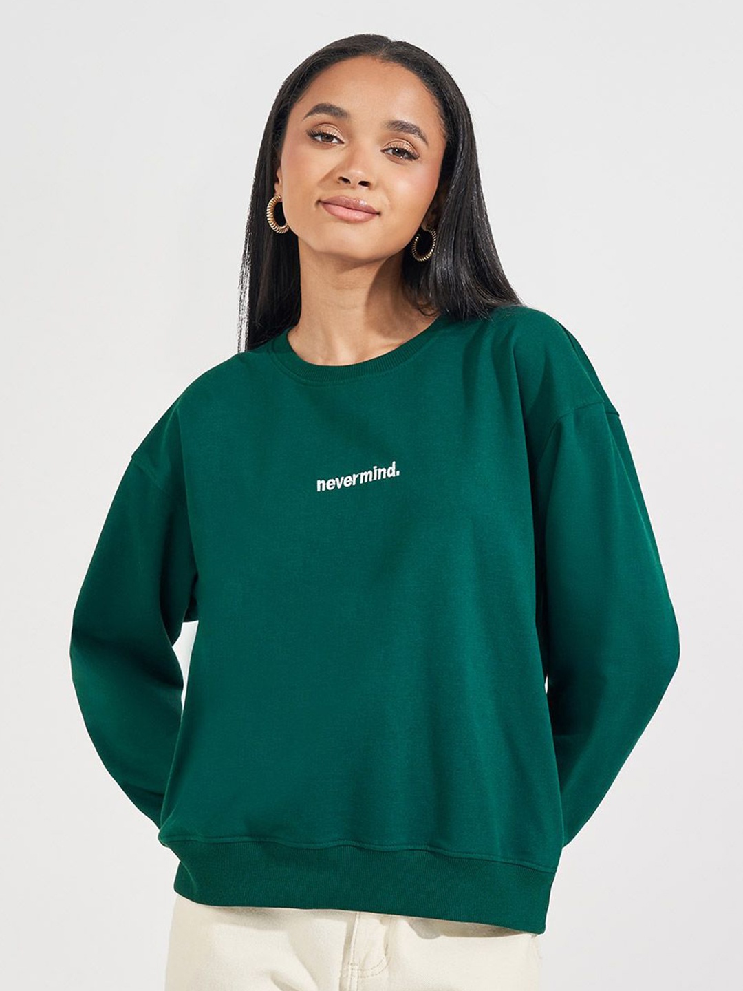 

Styli Women Regular Fit Longline Embroidered Slogan Sweatshirt, Green