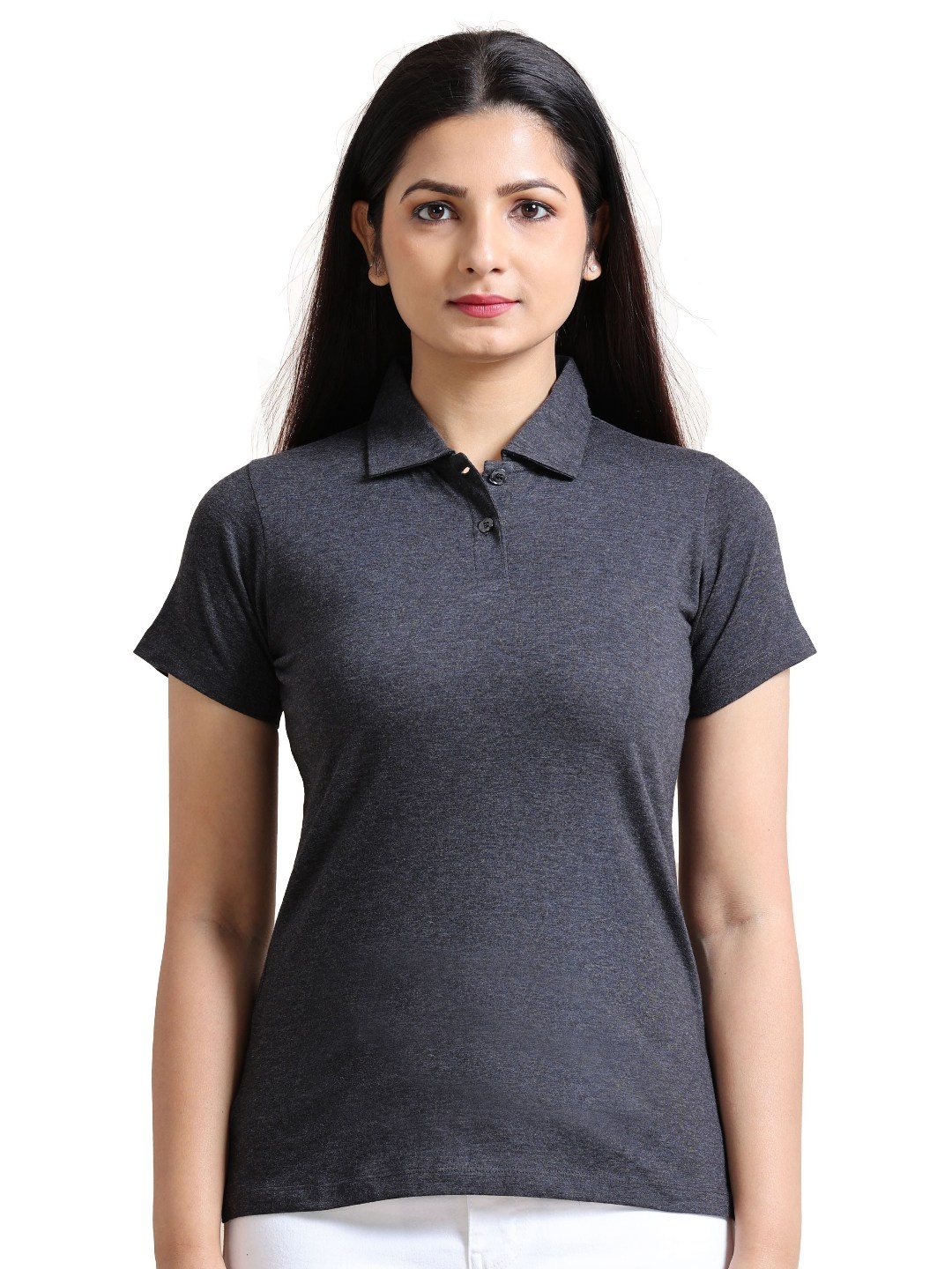 

ECOLINE Clothing Women Bio Finish Solid Polo Collar Cotton T-shirt, Charcoal