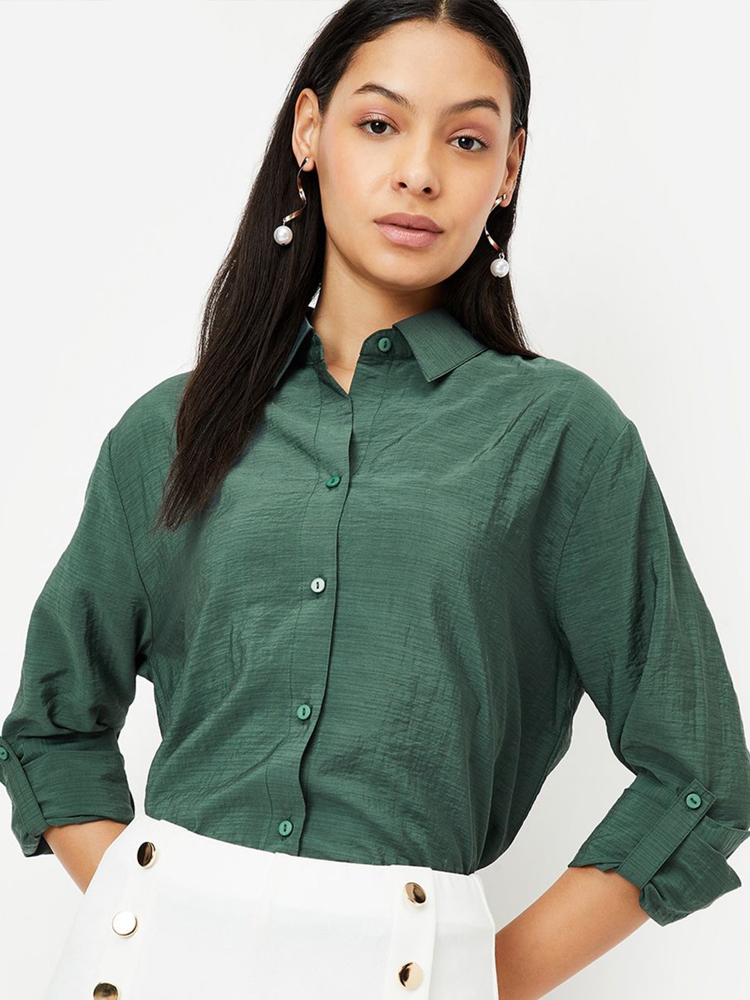 

max Women Spread Collar Solid Cotton Casual Shirt, Green