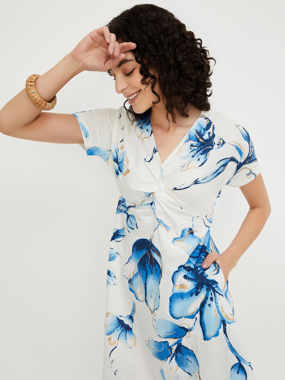 

max Women Cotton Floral Printed Midi Dress, Off white