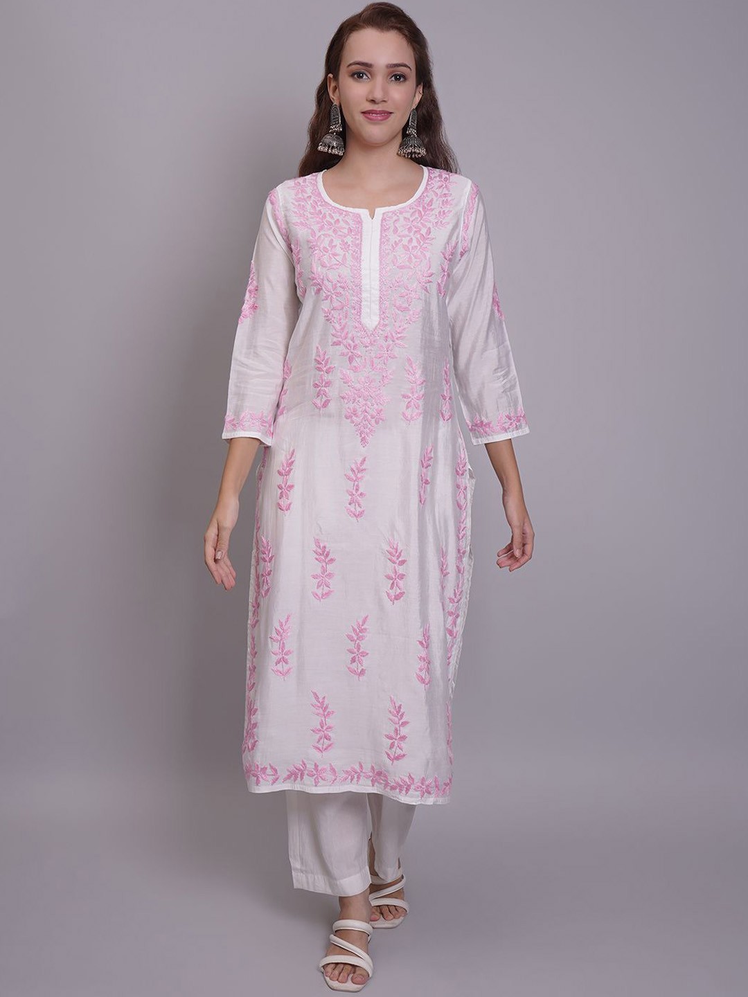 

Seva Chikan Ethnic Motifs Embroidered Chikankari Cotton Straight Kurta, White