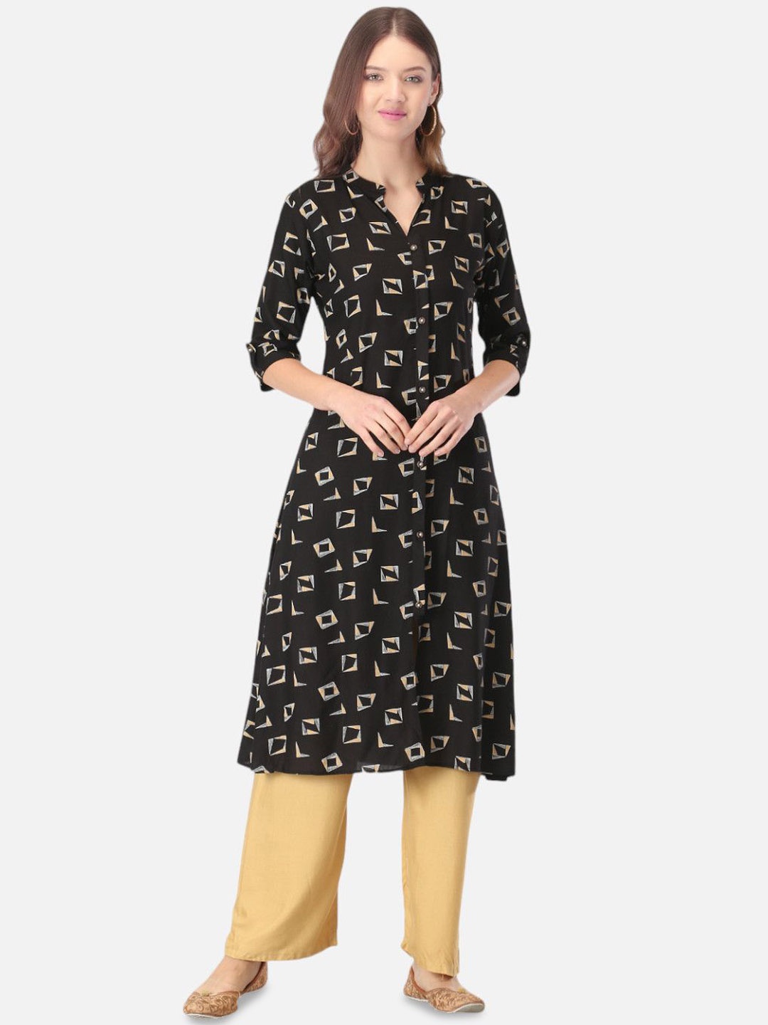 

Biyu Geometric Printed Mandarin Collar Cotton A-Line Kurta, Black