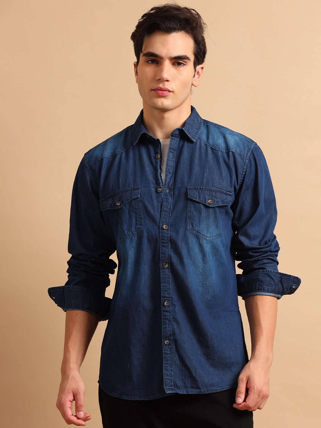 

SILISOUL Men Contemporary Spread Collar Solid Denim Casual Shirt, Blue
