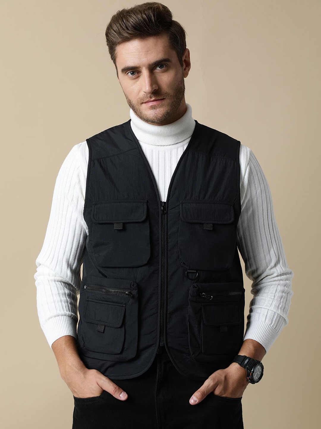 

Fort Collins Men Collarless Solid Casual Open Front Jacket, Black