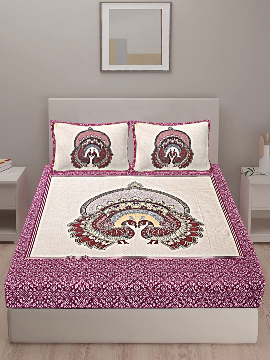 

VANI E Purple & Beige Floral 180 TC Cotton King Bedsheet Set-2.54 m x 2.74 m