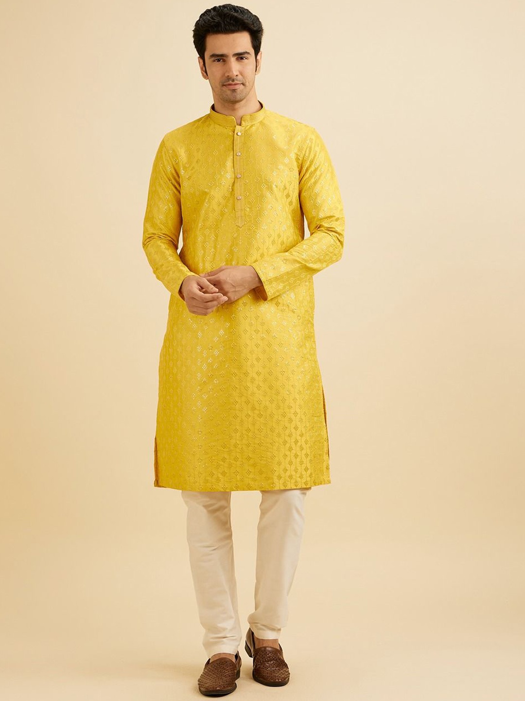 

Manyavar Ethnic Motifs Embroidered Straight Sequinned Kurta with Pyjamas, Yellow