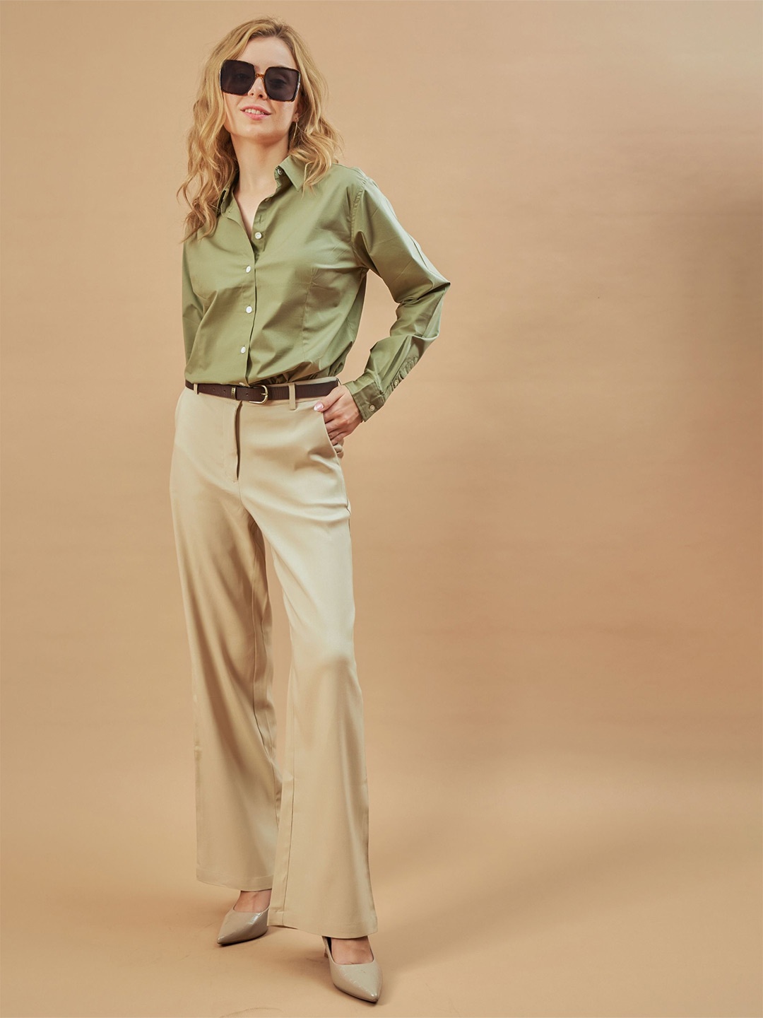 

Gazillion Women Original Spread Collar Solid Cotton Semiformal Shirt, Olive