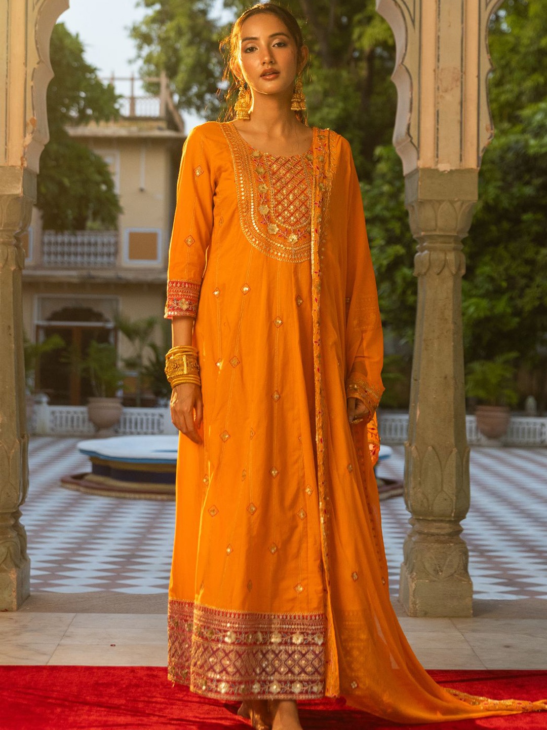 

FASHOR Ethnic Motifs Embroidered Panelled Pure Cotton A-Line Kurta with Palazzos & Dupatta, Orange