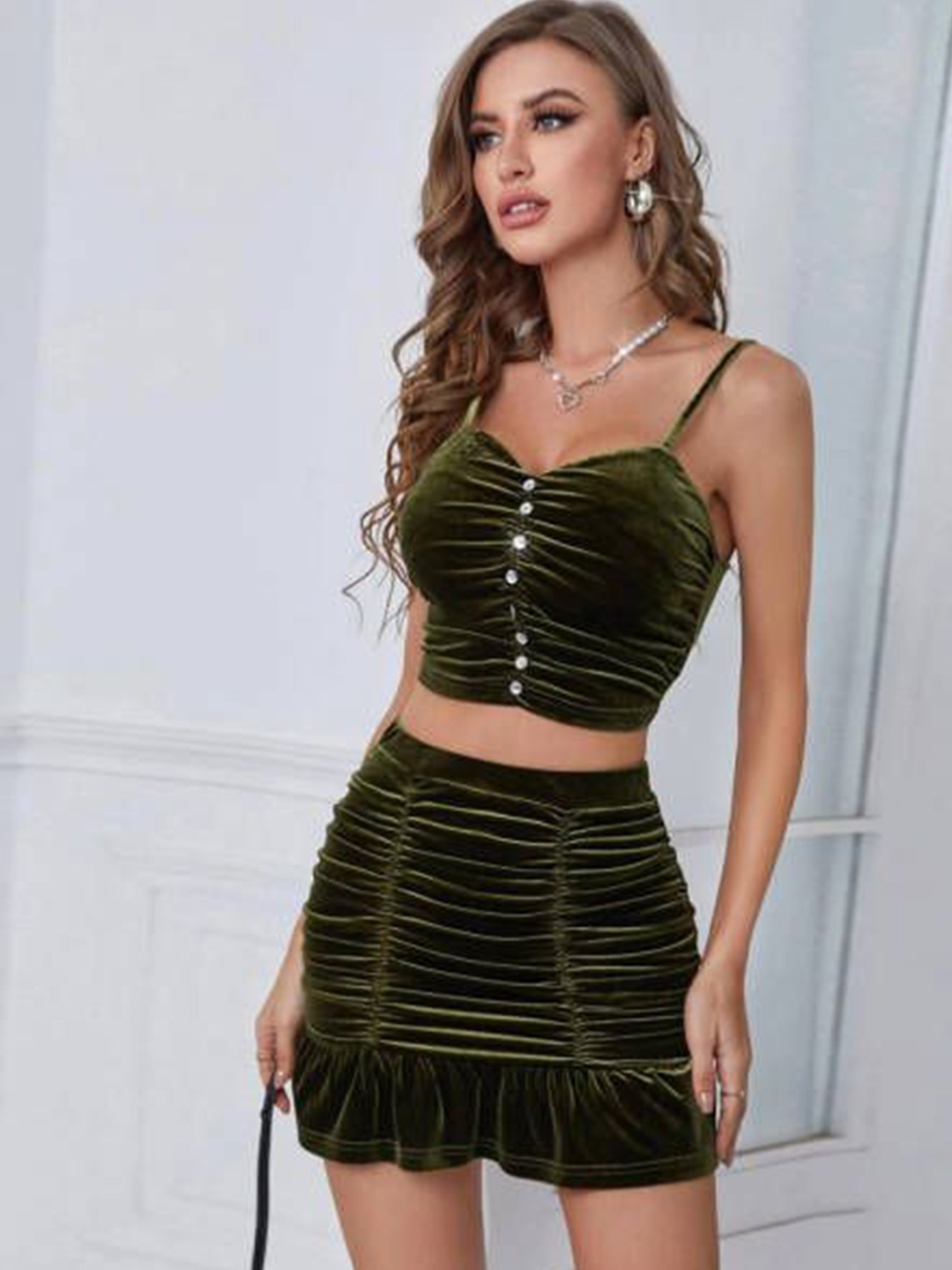 

HERE&NOW Women Ruched Pencil Mini Skirt, Olive
