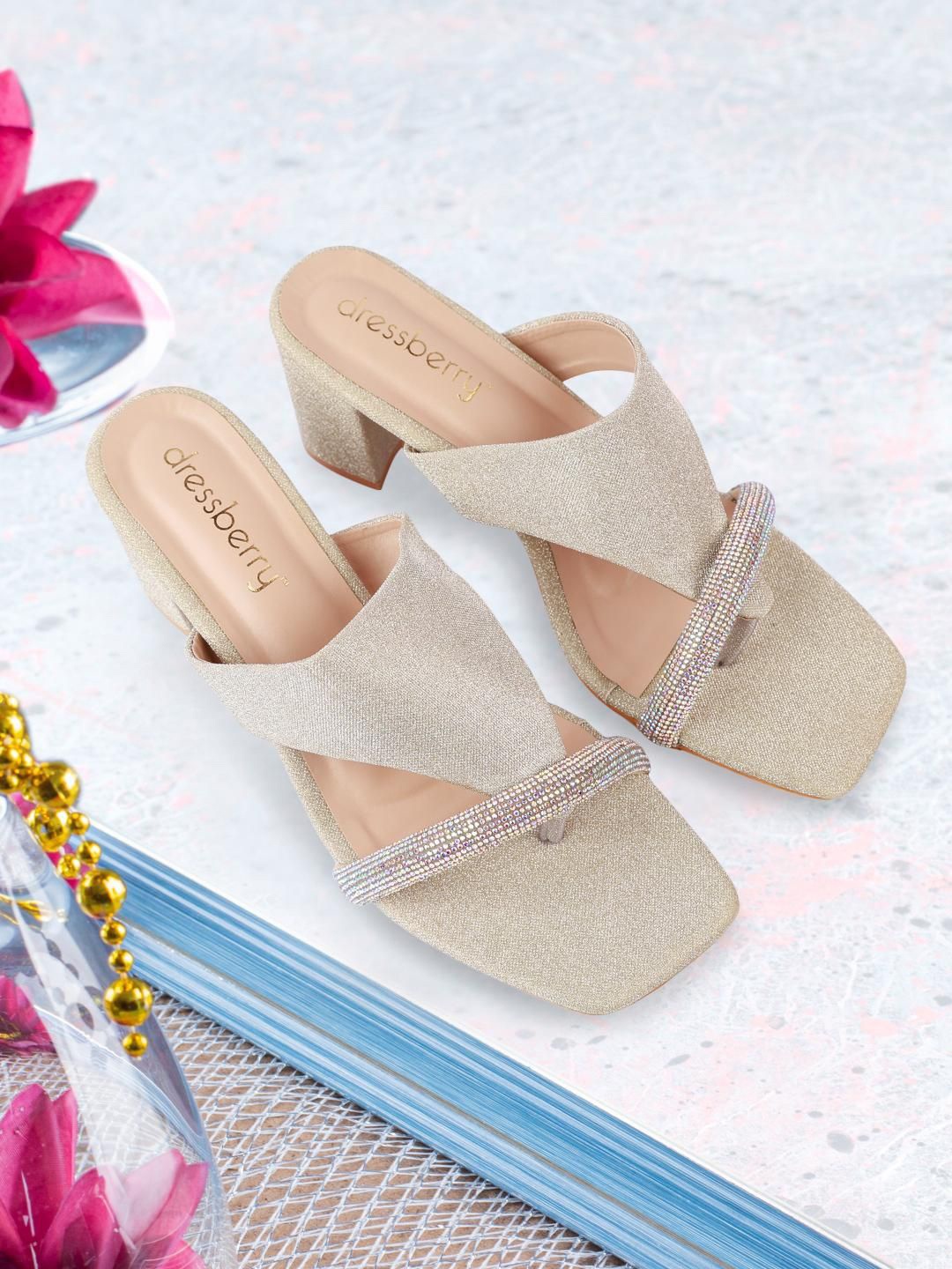 

DressBerry Women Embellished Party Block Sandals, Gold