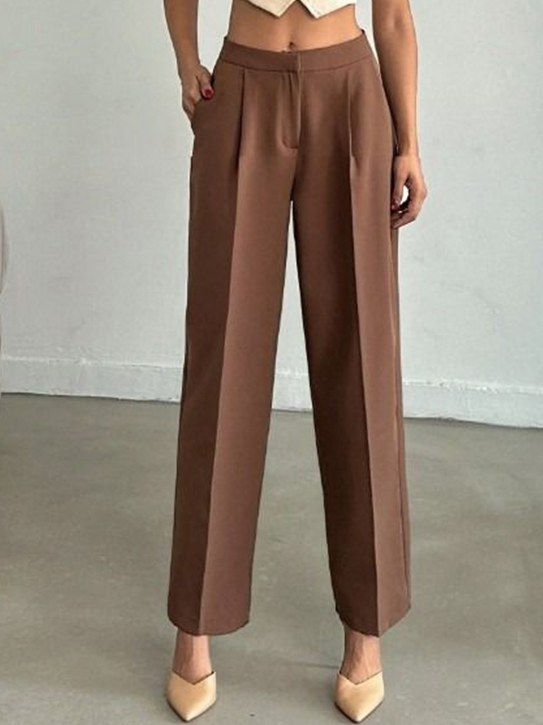 

Next One Women High-Rise Pleated Korean Trousers, Brown