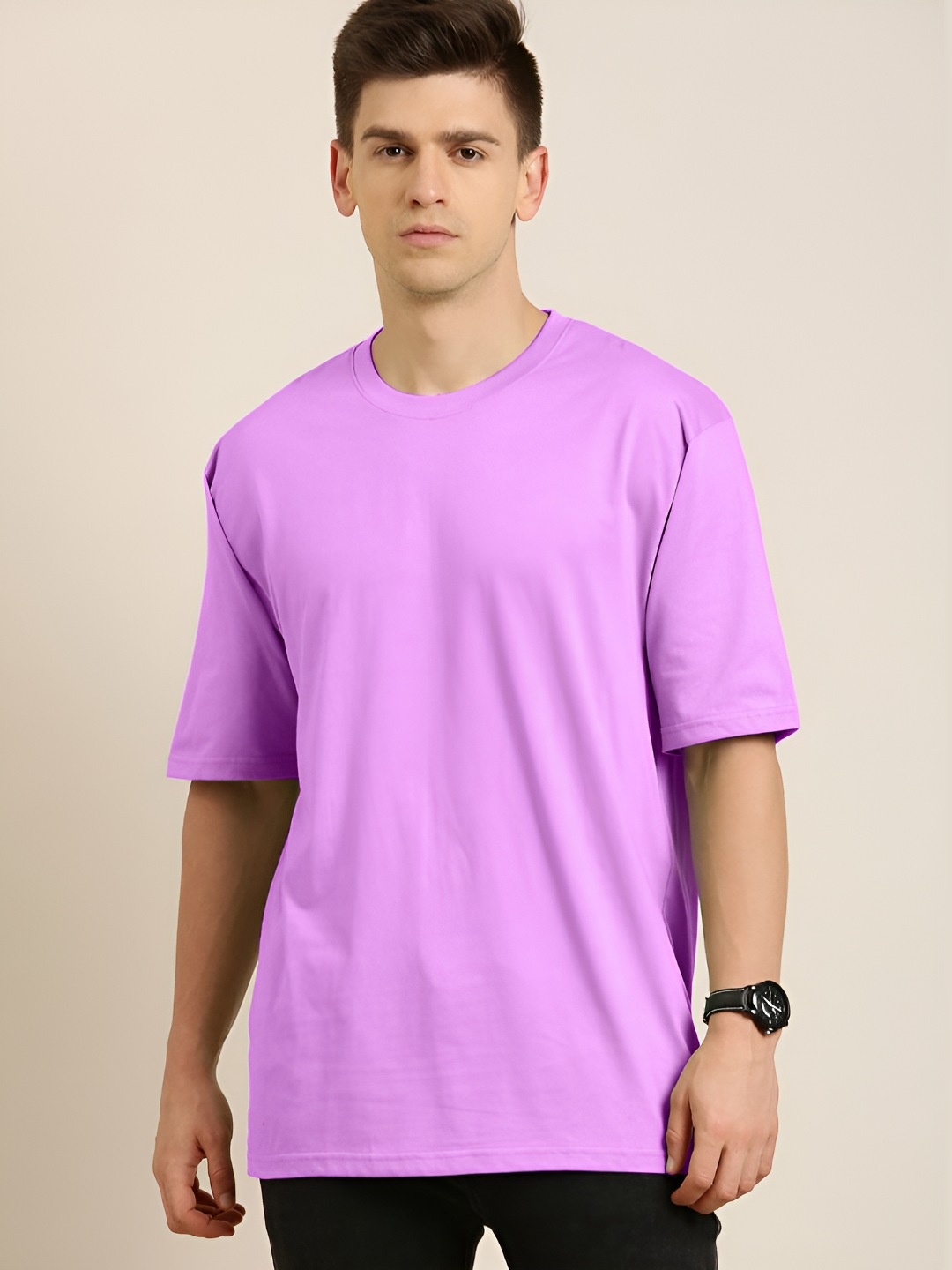 

FALTU.CO Men Solid Round Neck Pure Cotton Oversized T-shirt, Lavender