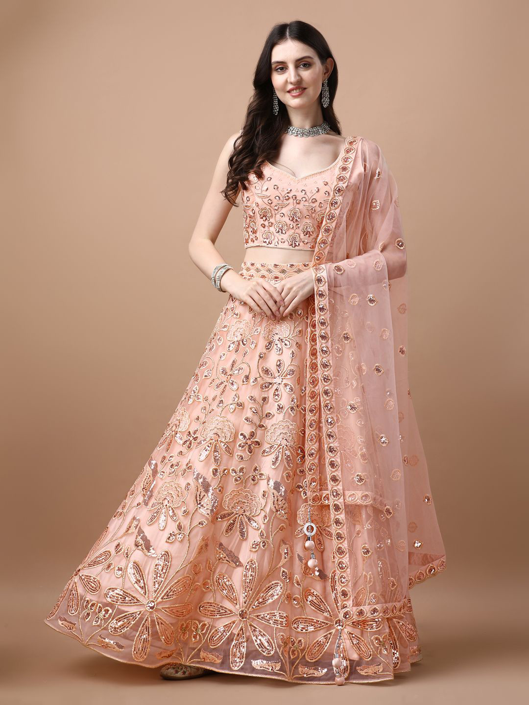 

VANAKARA Embroidered Sequinned Ready to Wear Lehenga & Blouse With Dupatta, Peach