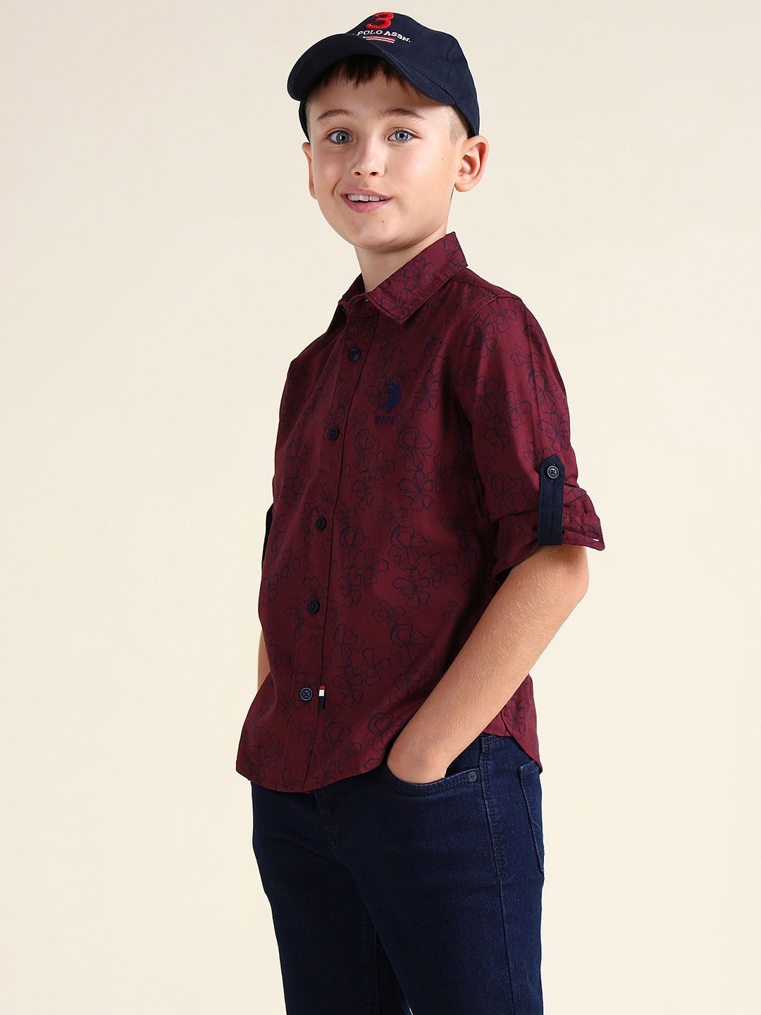 

U.S. Polo Assn. Kids Boys Spread Collar Floral Printed Cotton Casual Shirt, Maroon