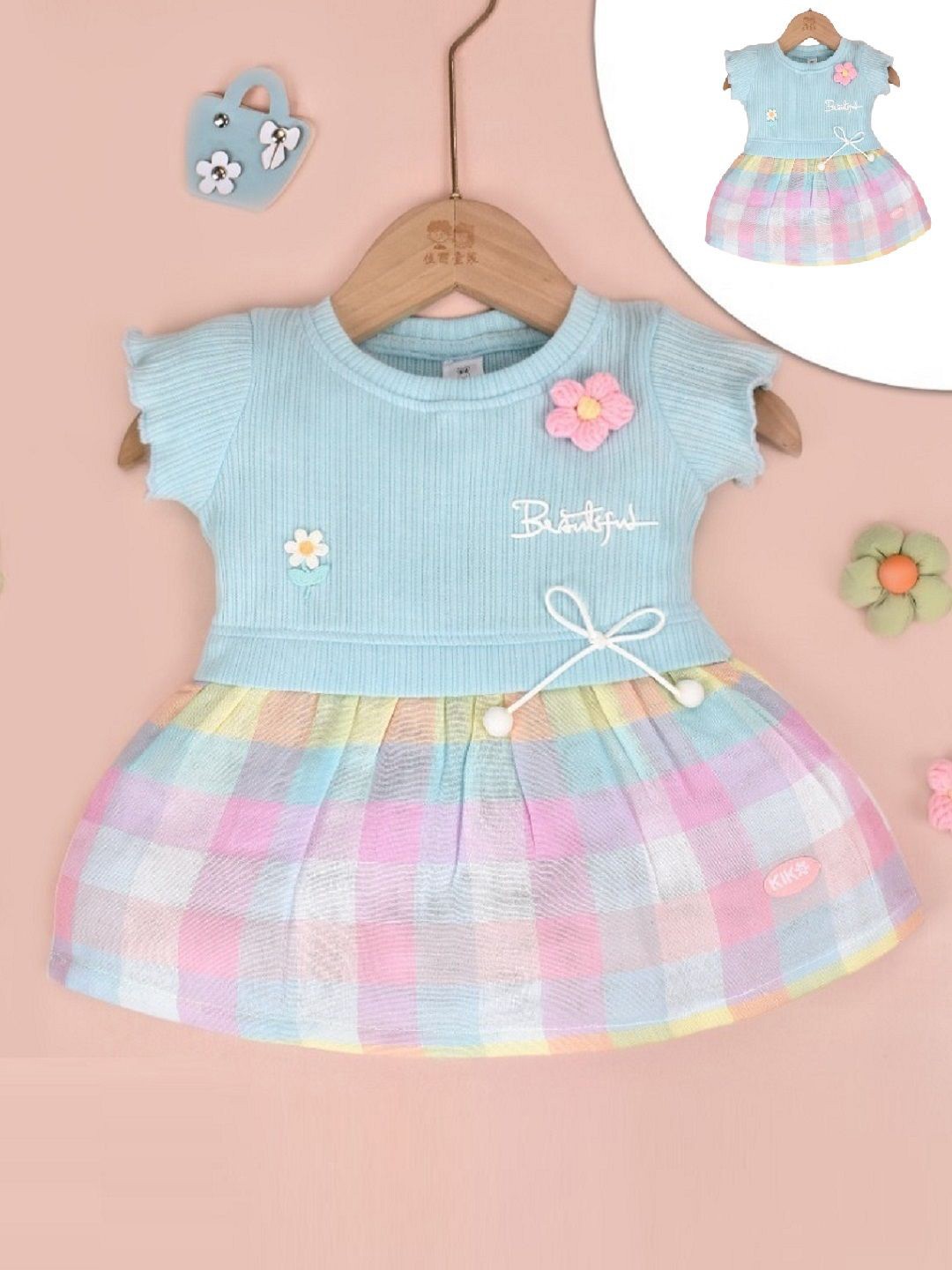 

KIKO Girls Cotton Checked Fit & Flare Dress, Blue
