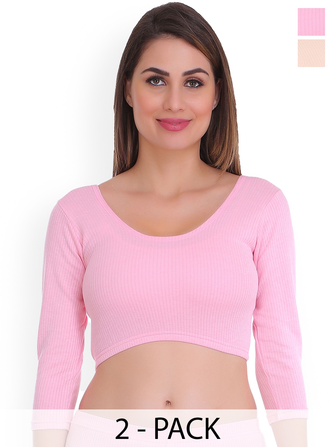

SELFCARE Pack Of 2 Striped 3/4 Sleeve Thermal Tops, Pink