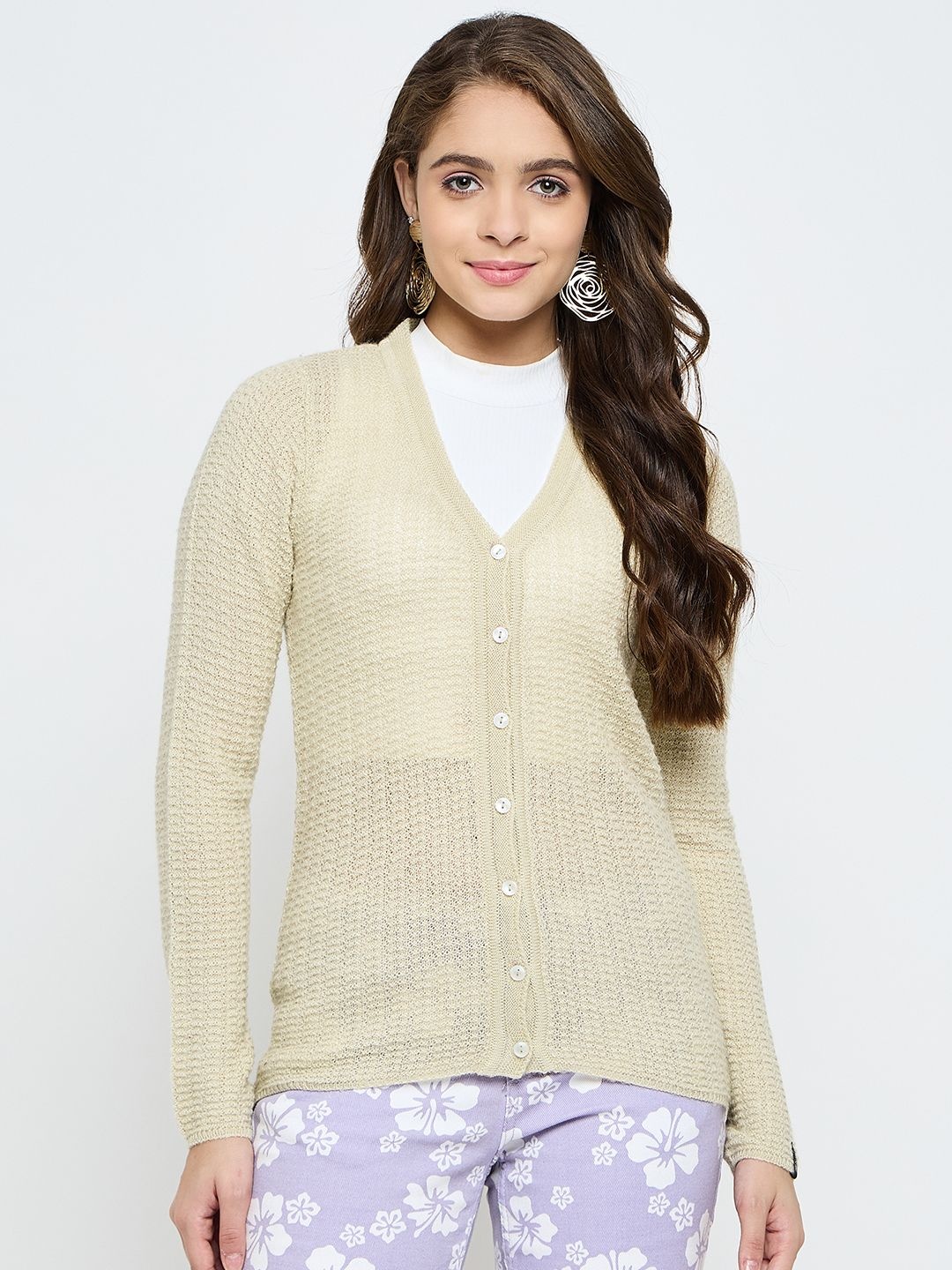 

CREATIVE LINE Women Self Design Woollen Cardigan Sweater, Beige